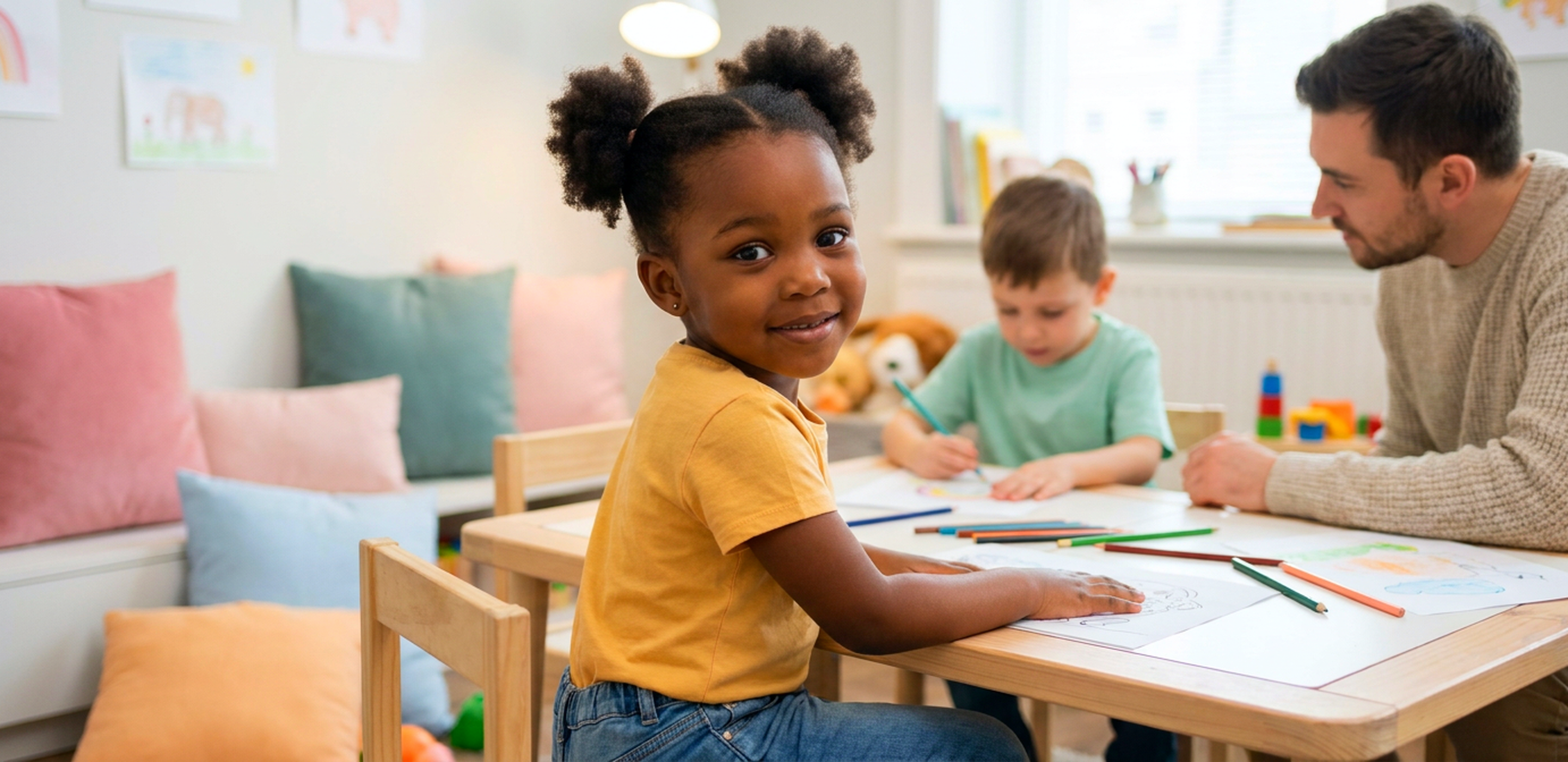 An ANNA therapist coaching a caregiver and child together during an ABA session